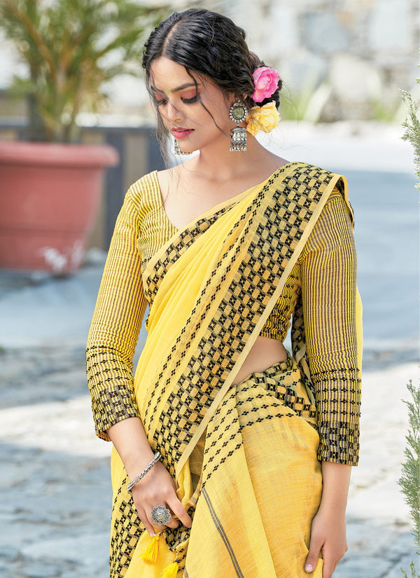 Women's Yellow Linen Woven Work Traditional Tassle Saree - Sangam Prints