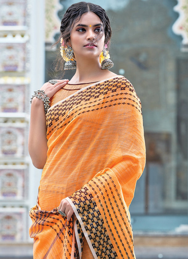 Women's Orange Linen Woven Work Traditional Tassle Saree - Sangam Prints