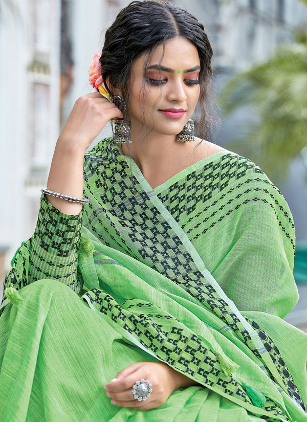 Women's Light Green Linen Woven Work Traditional Tassle Saree - Sangam Prints