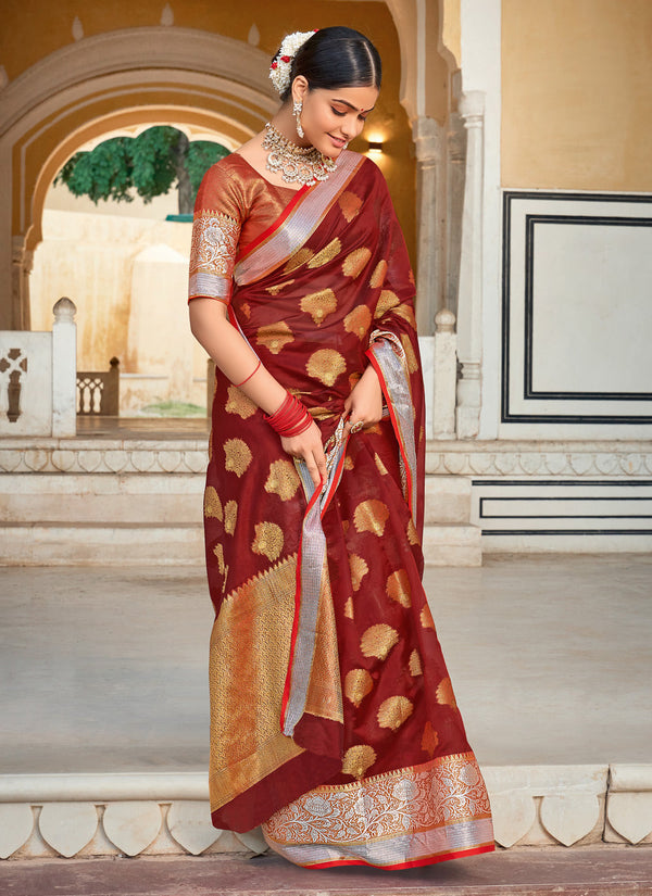 Women's Maroon Organza Woven Rich Pallu Work Traditional Saree - Sangam Prints