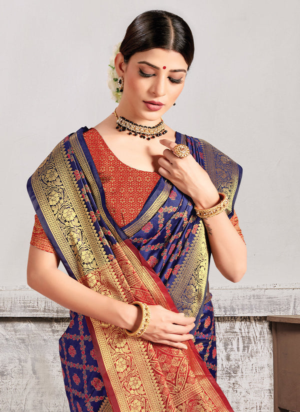 Women's Blue Silk Woven Work Traditional Saree - Sangam Prints