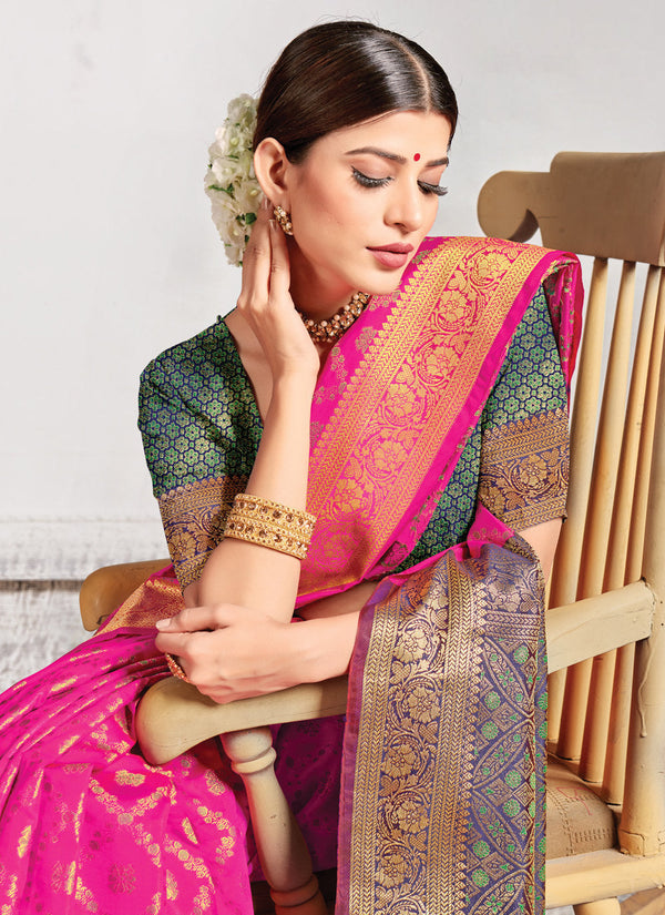 Women's Pink Silk Woven Work Traditional Saree - Sangam Prints