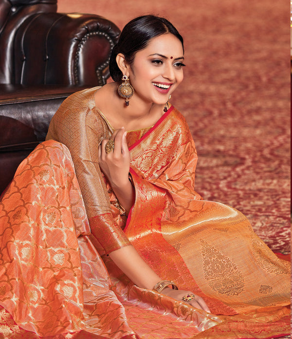 Women's Sangam Prints Orange Silk Woven Work Traditional saree - Sangam Prints