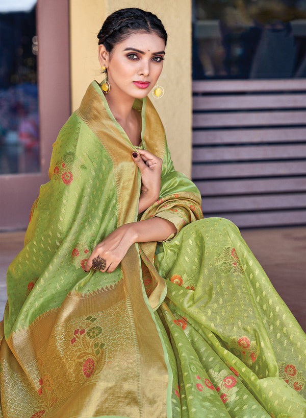 Women's Light Green organza Woven Zari Work Traditional Tassle Saree - Sangam Prints