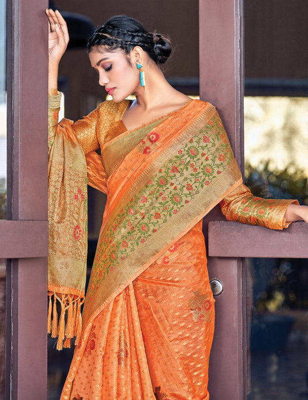 Women's Orange organza Woven Zari Work Traditional Tassle Saree - Sangam Prints