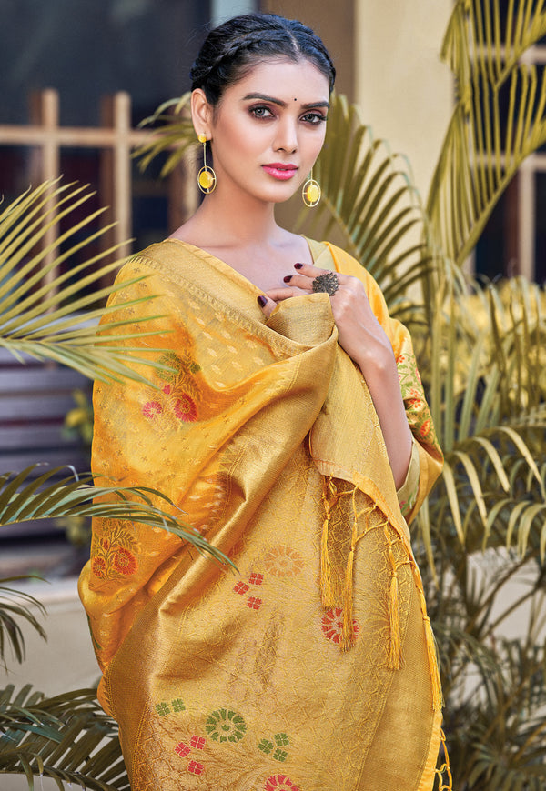 Women's Yellow organza Woven Zari Work Traditional Tassle Saree - Sangam Prints