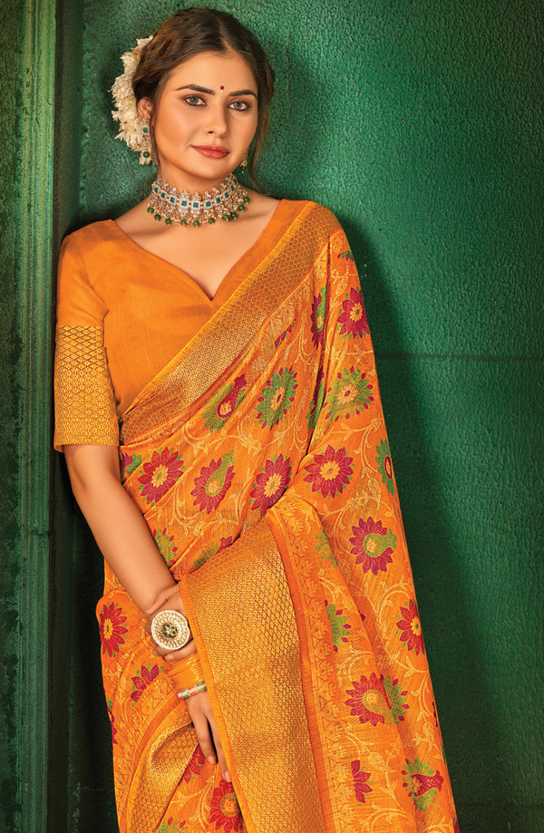 Women's Yellow Cotton Printed Traditional Saree - Sangam Prints