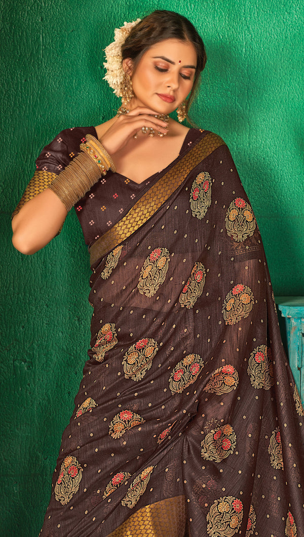 Women's Brown Cotton Printed Traditional Saree - Sangam Prints