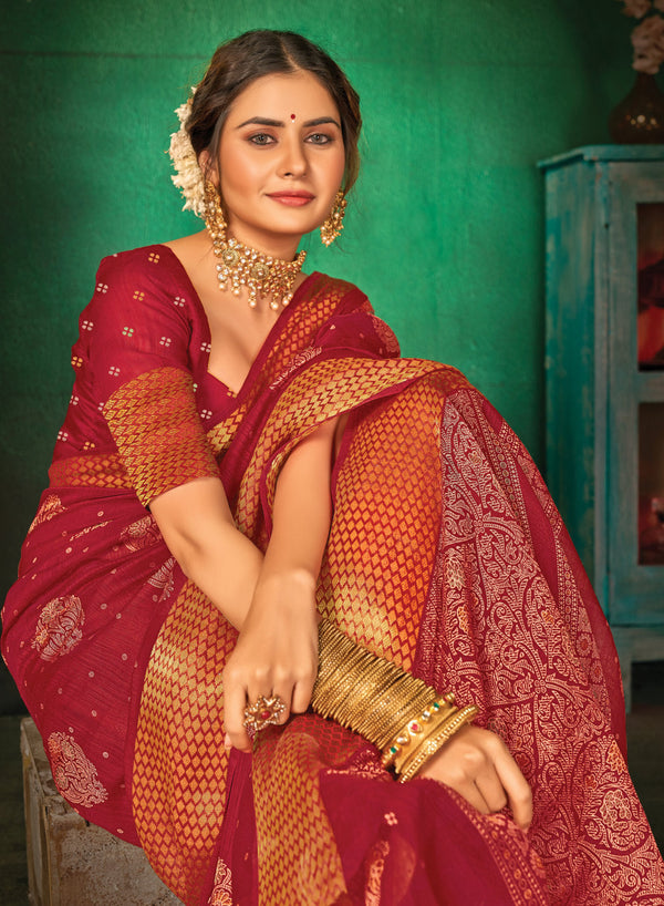 Women's Red Cotton Printed Traditional Saree - Sangam Prints