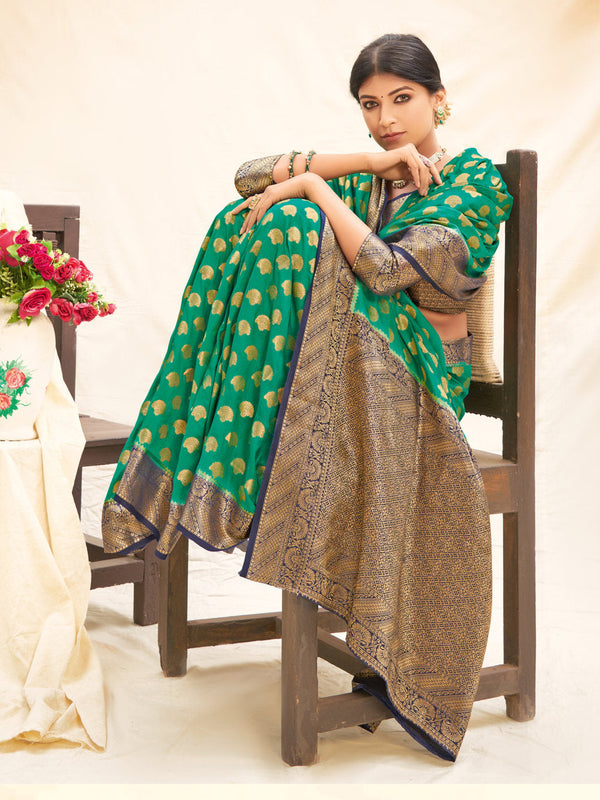 Women's Sangam Prints Sea Green Silk Woven Work Traditional saree - Sangam Prints