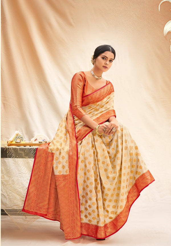 Women's Sangam Prints Beige Silk Woven Work Traditional saree - Sangam Prints