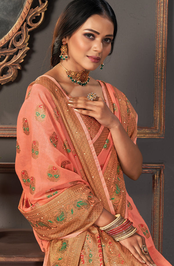 Women's Peach Cotton Siroski Stone Work Traditional Saree - Sangam Prints