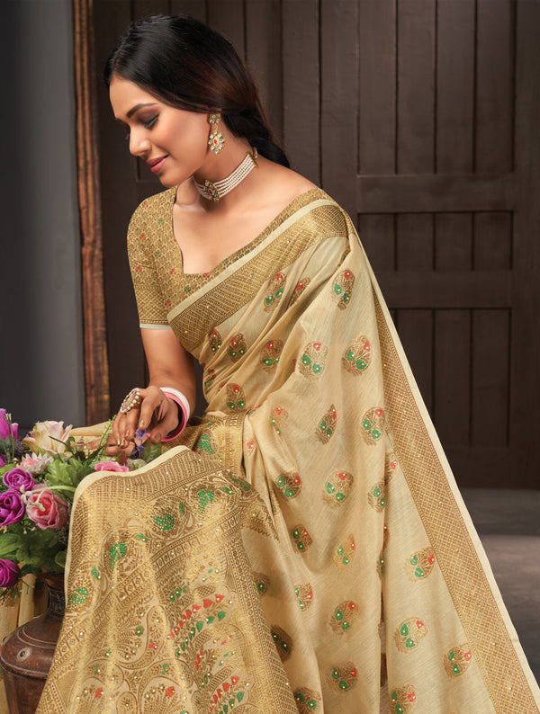 Women's Beige Cotton Siroski Stone Work Traditional Saree - Sangam Prints