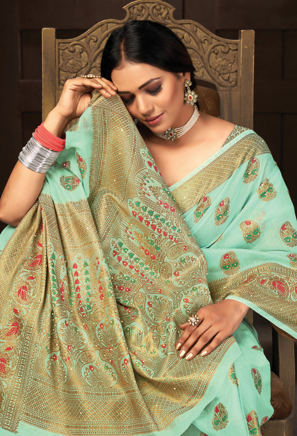 Women's Sea Green Cotton Siroski Stone Work Traditional Saree - Sangam Prints