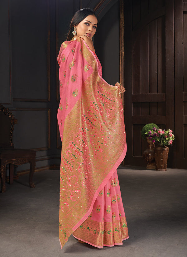 Women's Pink Cotton Siroski Stone Work Traditional Saree - Sangam Prints