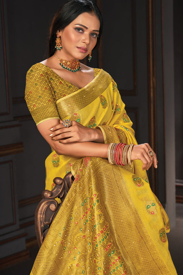 Women's Yellow Cotton Siroski Stone Work Traditional Saree - Sangam Prints