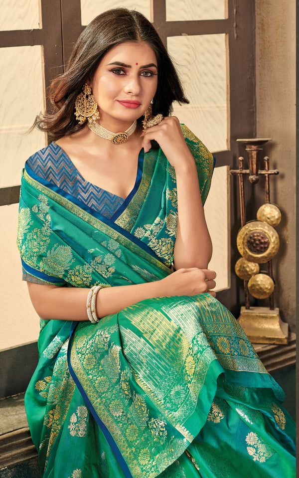 Women's Sangam Prints Sea Green Silk Woven Work Traditional saree - Sangam Prints