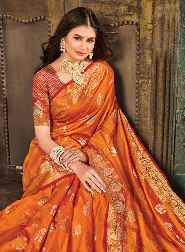 Women's Sangam Prints Orange Silk Woven Work Traditional saree - Sangam Prints