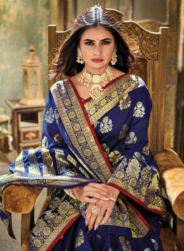 Women's Sangam Prints Blue Silk Woven Work Traditional saree - Sangam Prints