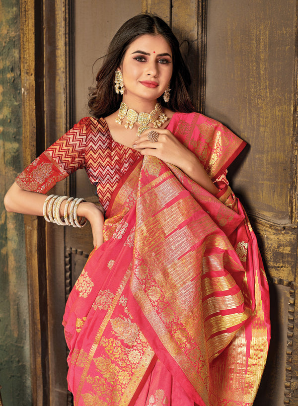 Women's Sangam Prints Pink Silk Woven Work Traditional saree - Sangam Prints