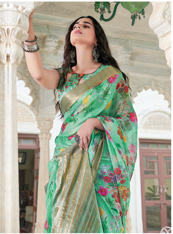 Women's Sea Green Organza Digital Print Traditional Saree - Sangam Prints