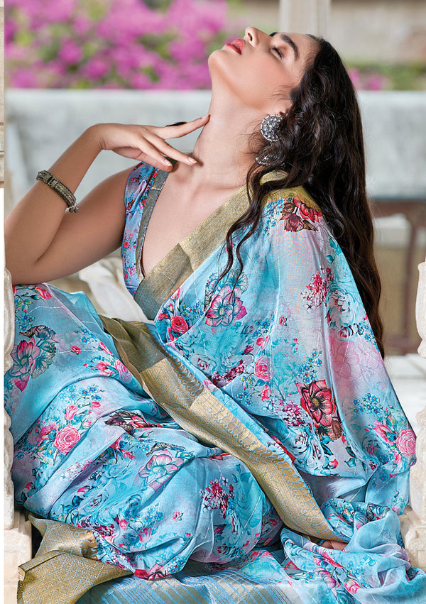 Women's Sky Blue Organza Digital Print Traditional Saree - Sangam Prints