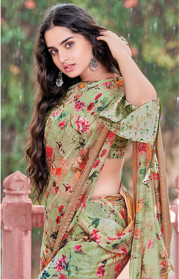 Women's Light Green Organza Digital Print Traditional Saree - Sangam Prints