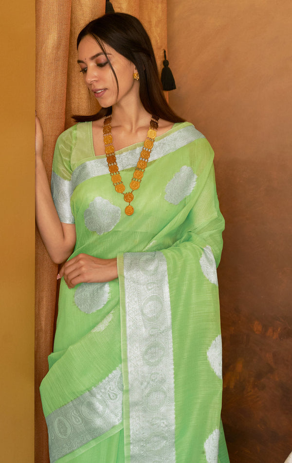 Women's Sangam Prints Light Green Linen Woven Work Traditional Tassle saree - Sangam Prints