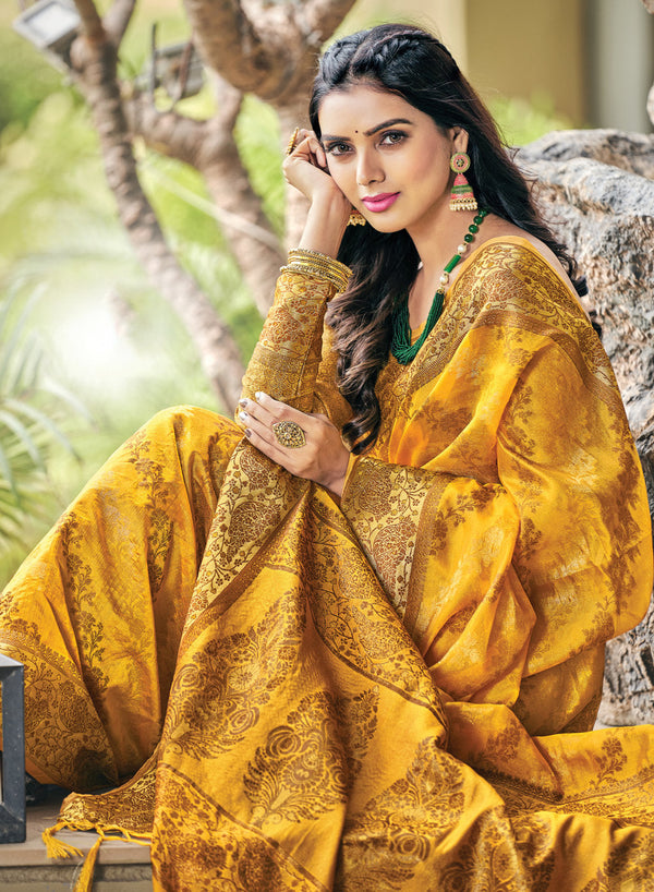 Women's Yellow Organza Woven Rich Pallu Work Traditional Tassle Saree - Sangam Prints