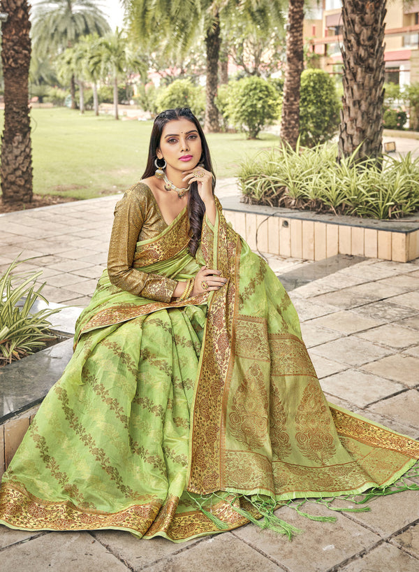 Women's Light Green Organza Woven Rich Pallu Work Traditional Tassle Saree - Sangam Prints