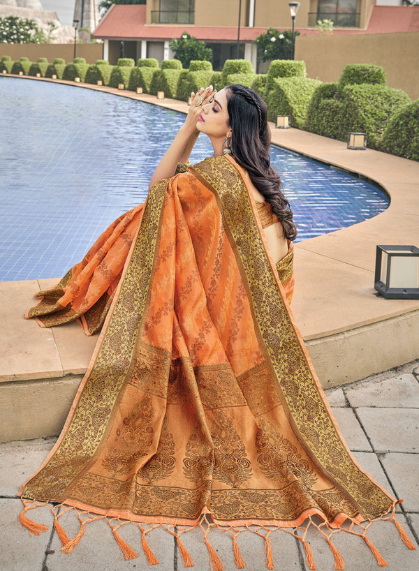 Women's Orange Organza Woven Rich Pallu Work Traditional Tassle Saree - Sangam Prints