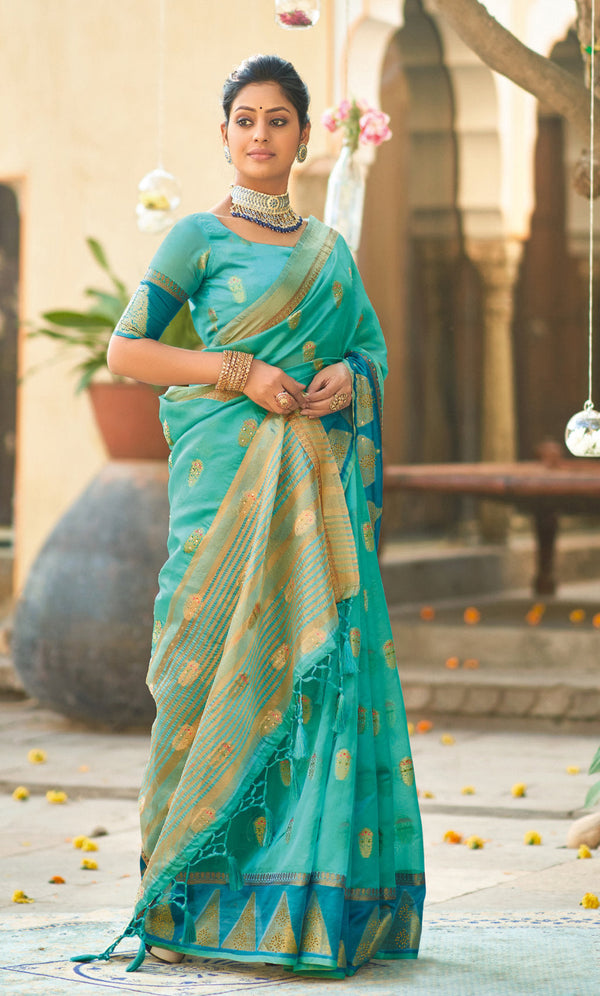 Women's Sky Blue Organza Siroski Stone Work Traditional Saree - Sangam Prints