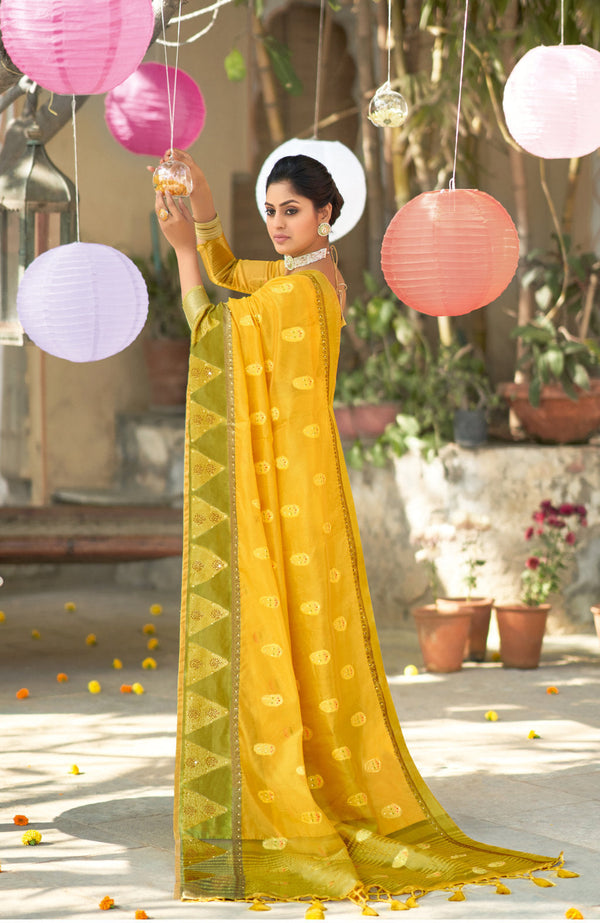 Women's Yellow Organza Siroski Stone Work Traditional Saree - Sangam Prints