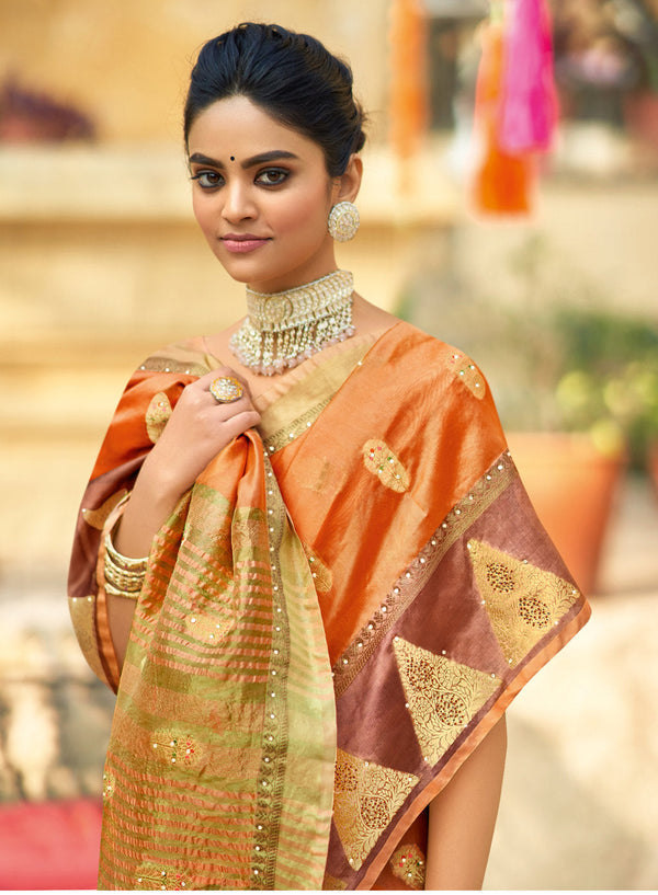 Women's Peach Organza Siroski Stone Work Traditional Saree - Sangam Prints