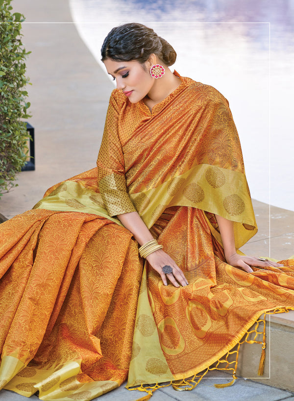 Women's Mustard organza Woven Zari Work Traditional Tassle Saree - Sangam Prints