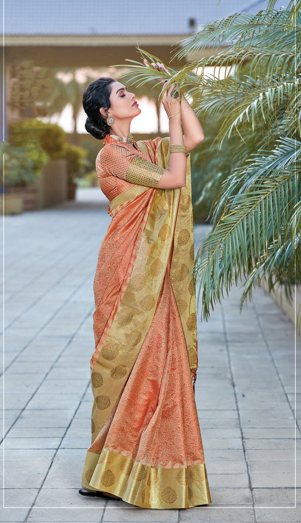 Women's Peach organza Woven Zari Work Traditional Tassle Saree - Sangam Prints