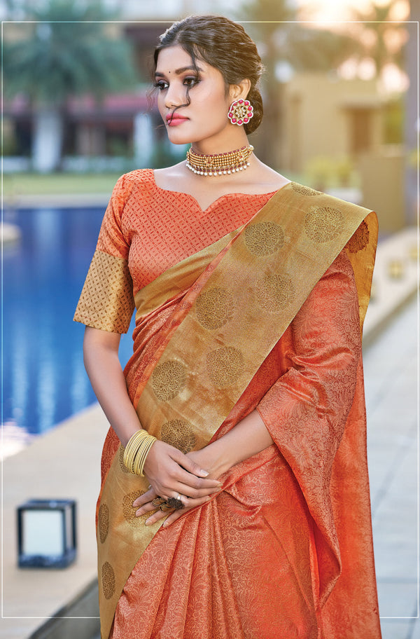 Women's Orange organza Woven Zari Work Traditional Tassle Saree - Sangam Prints