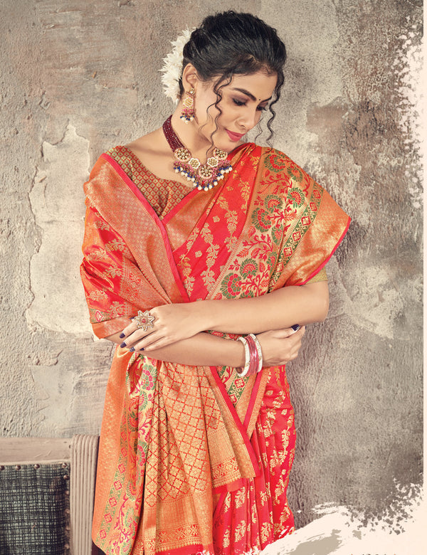 Women's Sangam Prints Peach Silk Woven Work Traditional saree - Sangam Prints