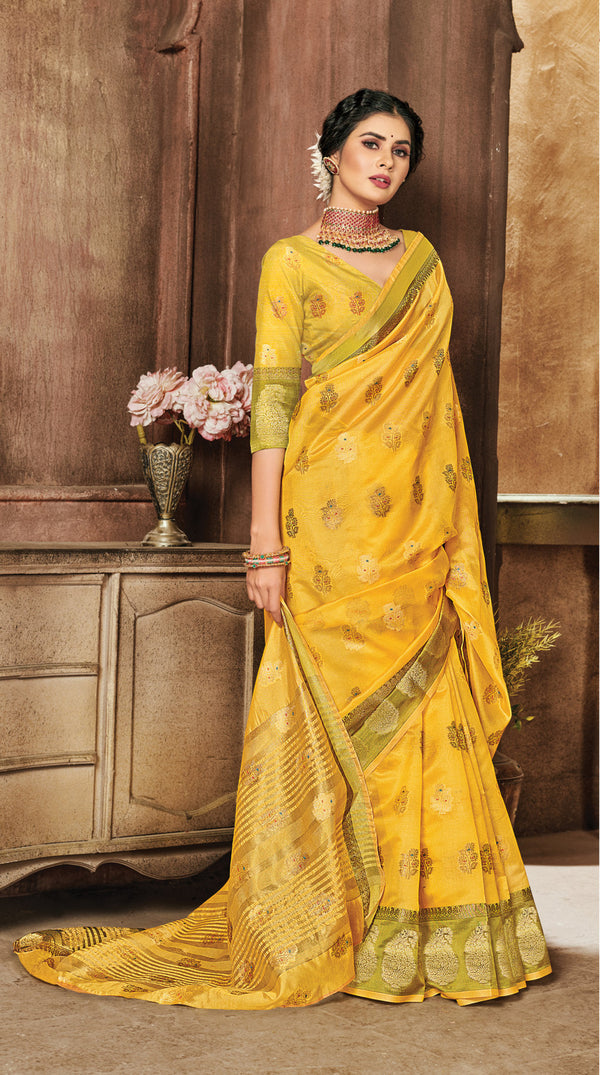 Women's Sangam Prints Yellow Organza Woven Work Traditional saree - Sangam Prints