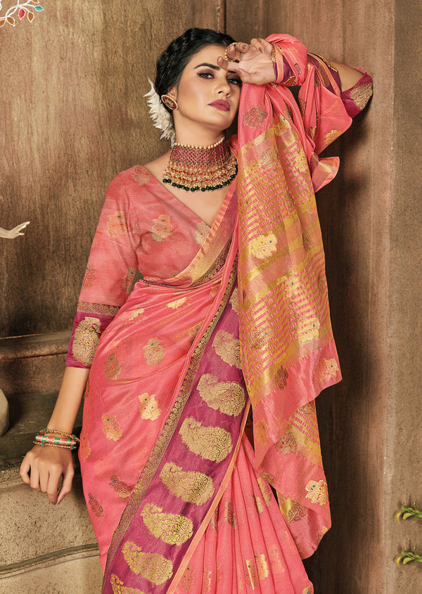 Women's Sangam Prints Peach Organza Woven Work Traditional saree - Sangam Prints