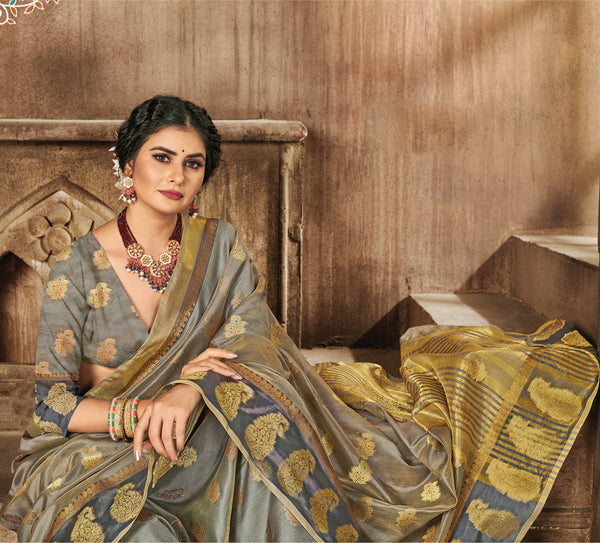 Women's Sangam Prints Grey Organza Woven Work Traditional saree - Sangam Prints