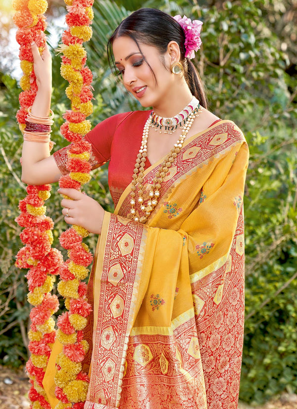 Women's Mustard Cotton Woven Work Traditional Saree - Sangam Prints