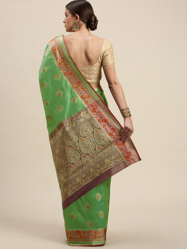 Women's Green Silk Woven Work Traditional Saree - Sangam Prints