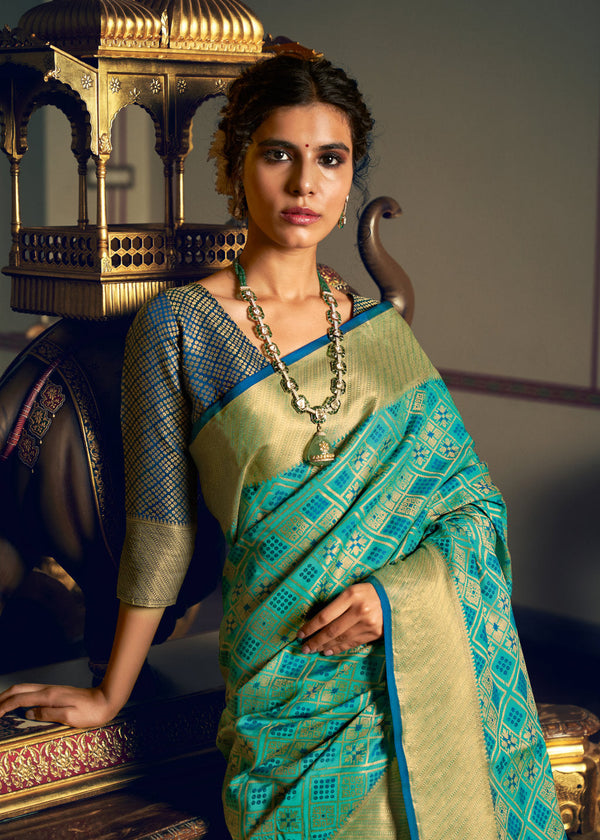 Women's Sangam Prints Sea Green Patola Silk Woven Work Traditional Tassle saree - Sangam Prints