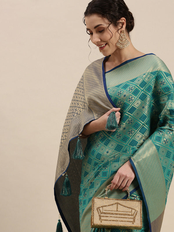 Women's Sea Green Patola Silk Woven Work Traditional Tassle Saree - Sangam Prints