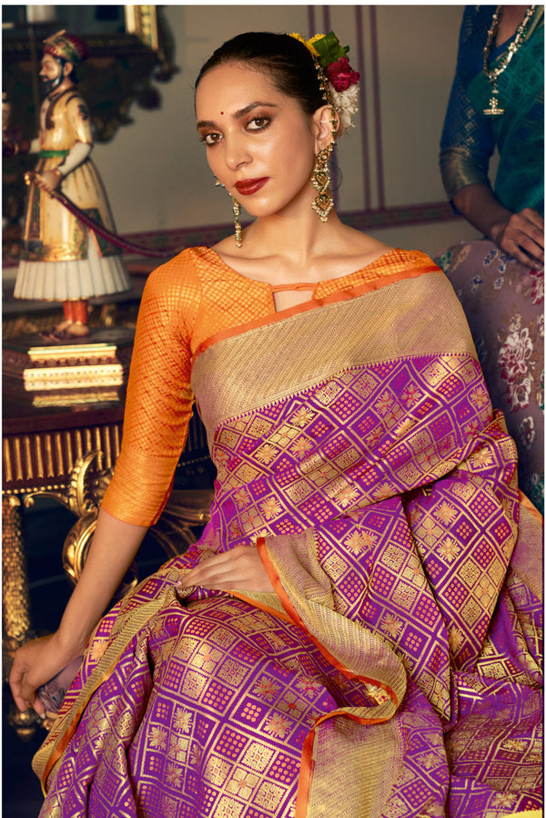 Women's Sangam Prints Purple Patola Silk Woven Work Traditional Tassle saree - Sangam Prints