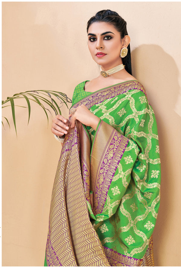 Women's Sangam Prints Green Banarasi Silk Woven Zari Work Traditional saree - Sangam Prints