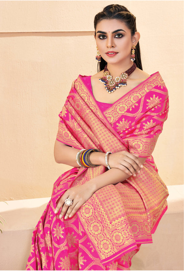 Women's Sangam Prints Pink Banarasi Silk Woven Zari Work Traditional saree - Sangam Prints