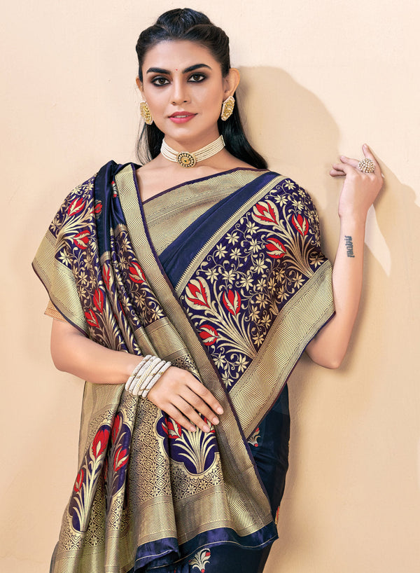 Women's Sangam Prints Navy Blue Banarasi Silk Woven Zari Work Traditional saree - Sangam Prints