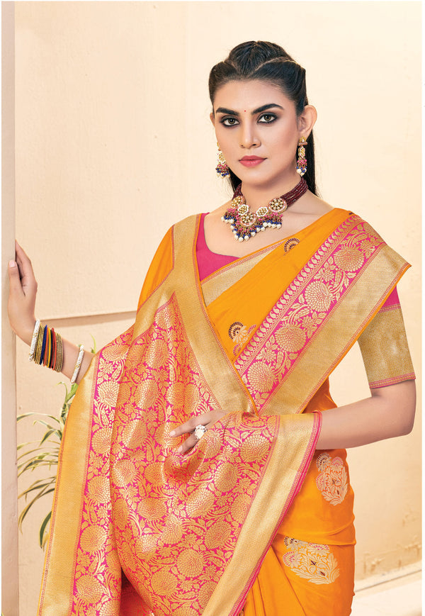 Women's Sangam Prints Yellow Banarasi Silk Woven Zari Work Traditional saree - Sangam Prints